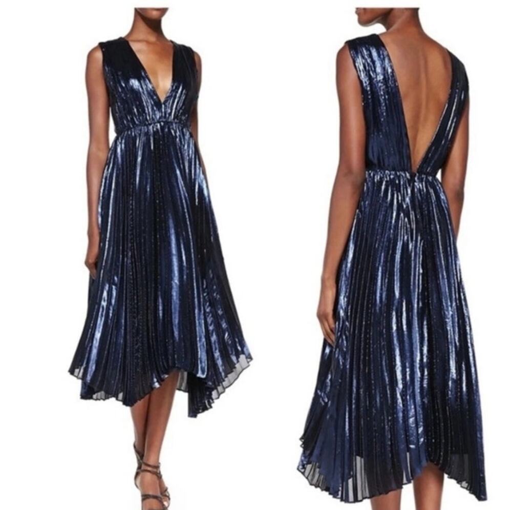 Alice + Olivia Alessandra Pleated Metallic Asymmetric Midi Gown Blue Open Back 2